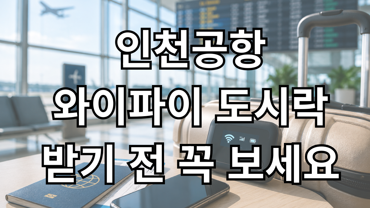 공항 출국장 분위기의 배경에 여행가방, 여권, 스마트폰, 포켓와이파이 단말기가 놓여 있는 해외여행 인터넷 준비 이미지